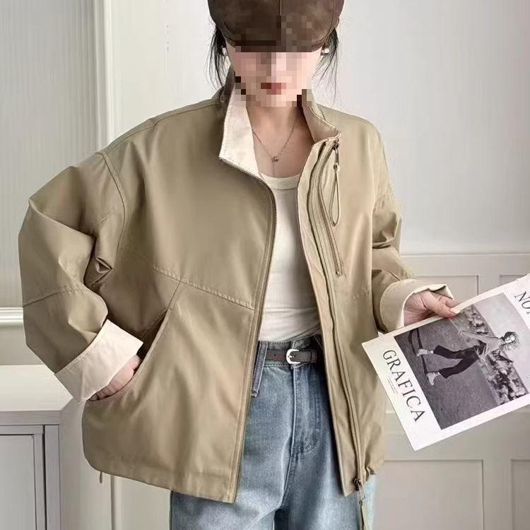 European Style Stand Collar Double Zipper Women's Color Block Jacket - 2025 Spring Casual Loose Fit