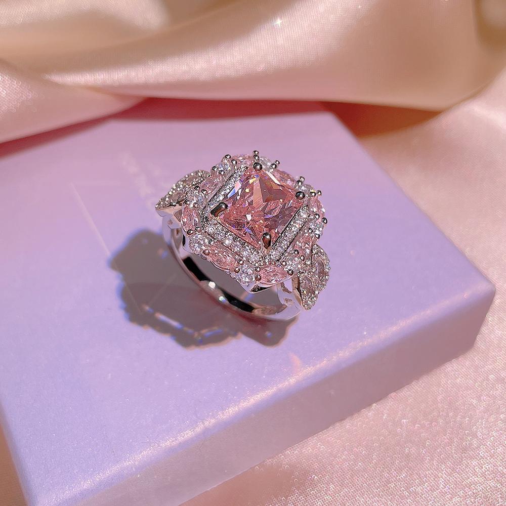 NEW Classic 925  Inlaid Zircon Engagement Ring Pink Crystal Women Shiny Zircon Jewelry Heart-shaped Pink Women's Ring