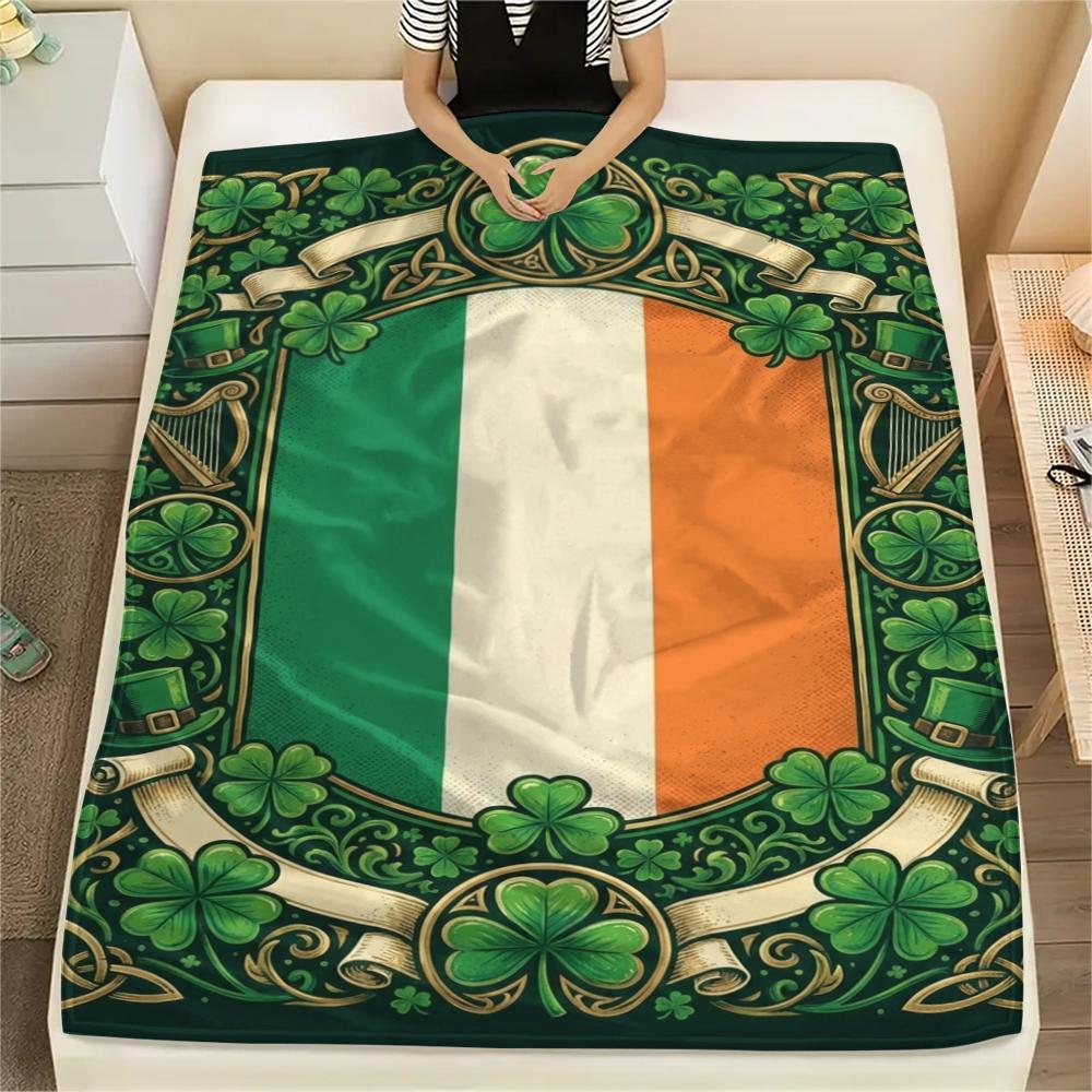 1Pc St.Patrick's Day Print Flannel Blanket, High quality Comfortable for All Seasons, Home Decor, Warmth and Comfort, Perfect for Christmas Gifts W69