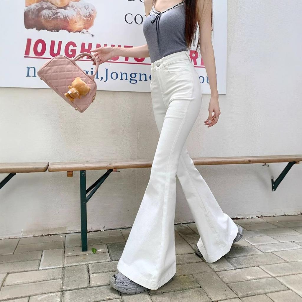 High-waisted Slim White Jeans Women Hundred Yards Big Yards Elastic Straight Horseshoe Micro-large Long Trousers Jeans for Women Long Denim Pants