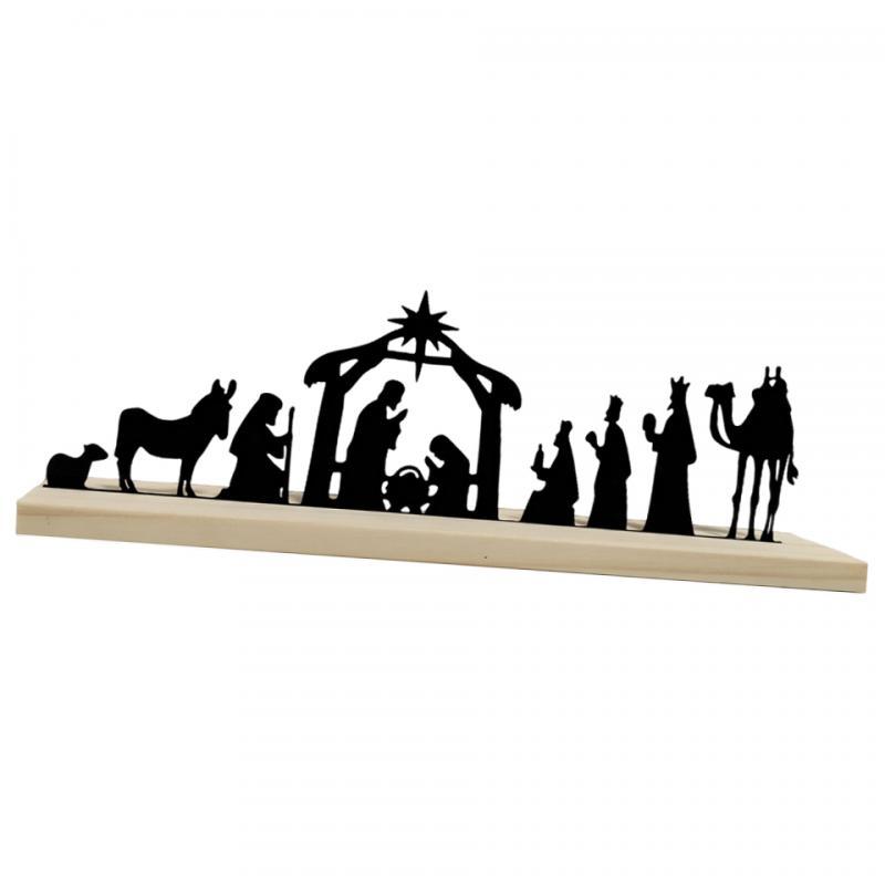 Metal Nativity Set Christmas Scene Silhouette Religious with Wooden Base for Indoor