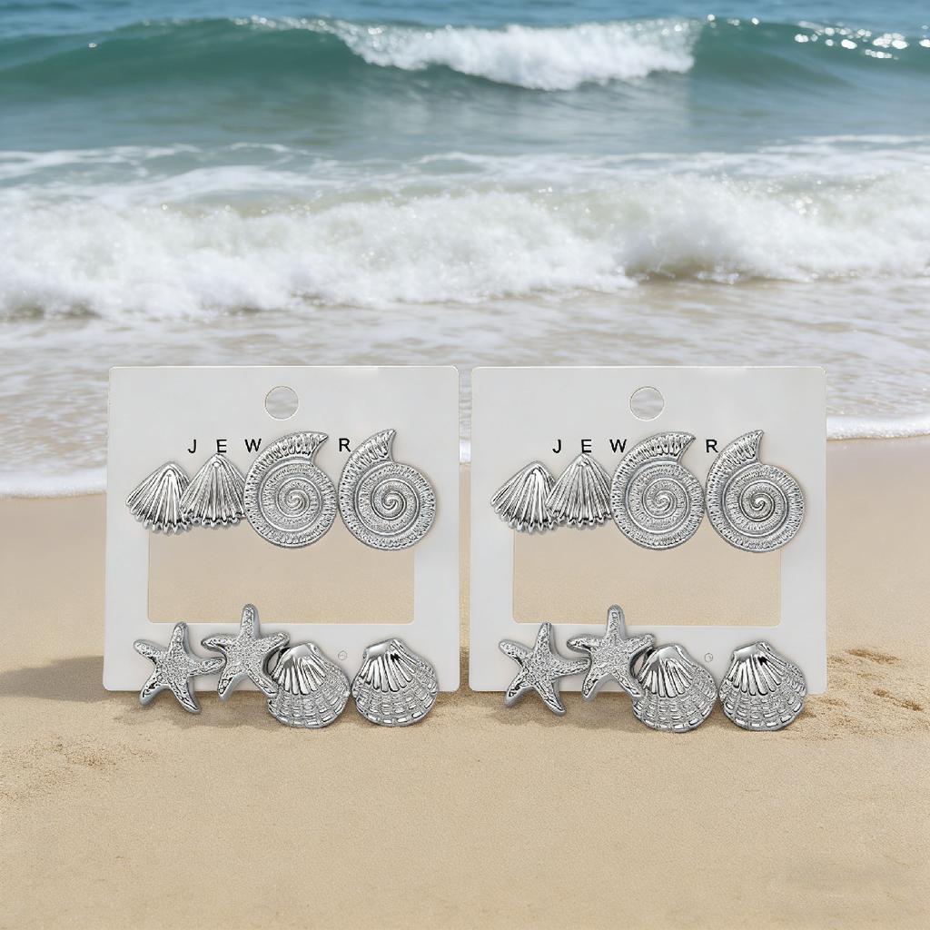 4 Pairs of Ladies' Golden Ocean Style Earrings Set, Shell Starfish Conch Vacation Earrings