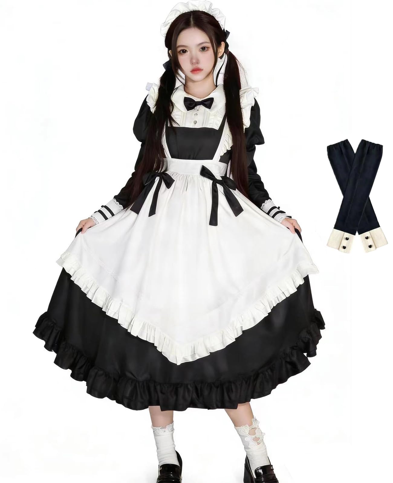 KALAOK Наряд горничной, Готический Лолита, Косплей костюм Moe, Оборки, Лолита, Милый, Женский, Лента, 8289 Длинный, Размер M