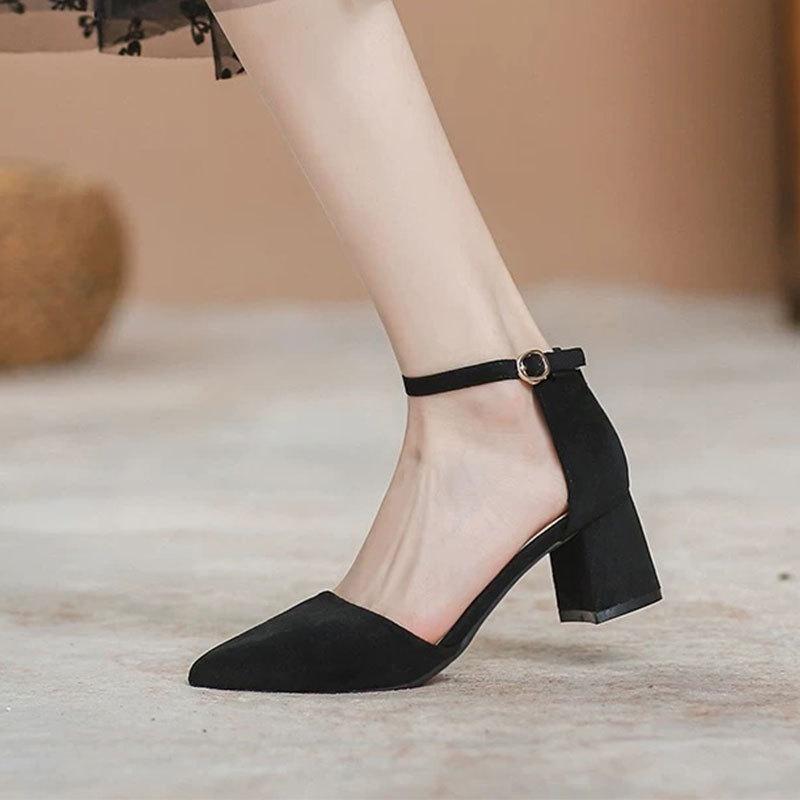 Baotou sandals fairy style 2025 spring new professional pointed high heels one word with thick heel medium heel single shoes