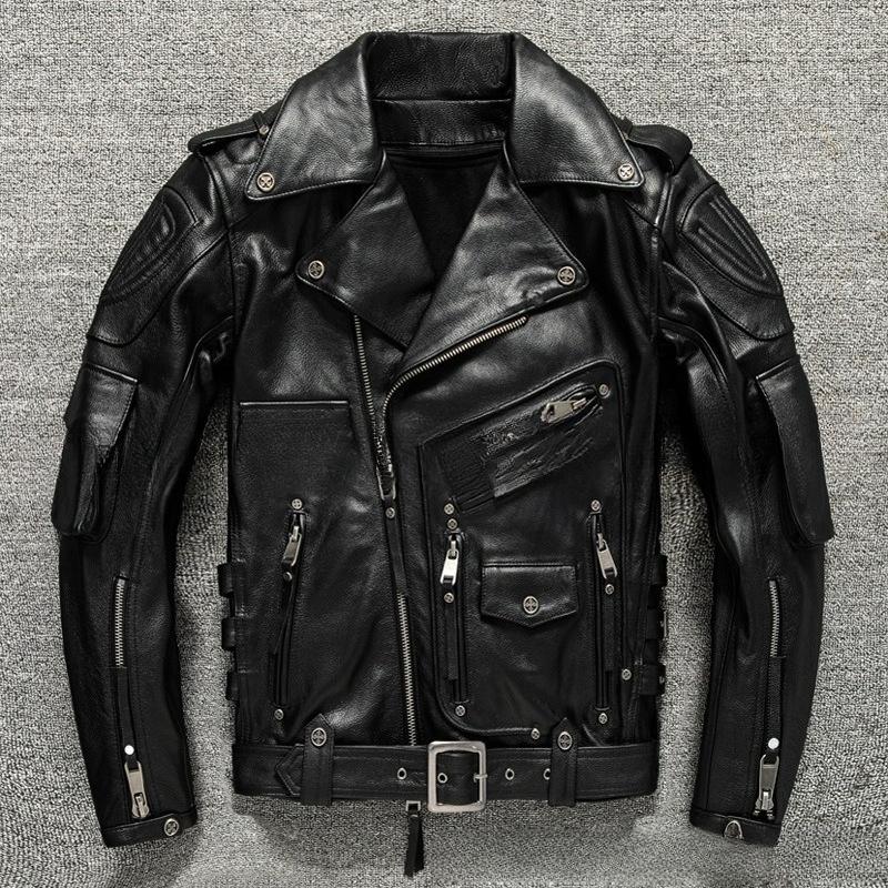 

Кожаная куртка из натуральной кожи для мужской мотоциклетной одежды, съемная внутренняя подкладка, можно добавить защитное снаряжение, короткая кожаная куртка 6XL чёрный