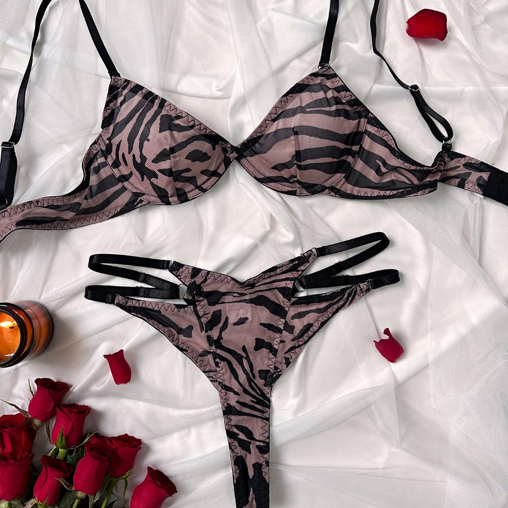 Sexy Women Underwear Set Europe Ultra Thin Zebra-stripe Brassiere Hollow Temptation Classic Bandage Underwire Push Up Bra Set