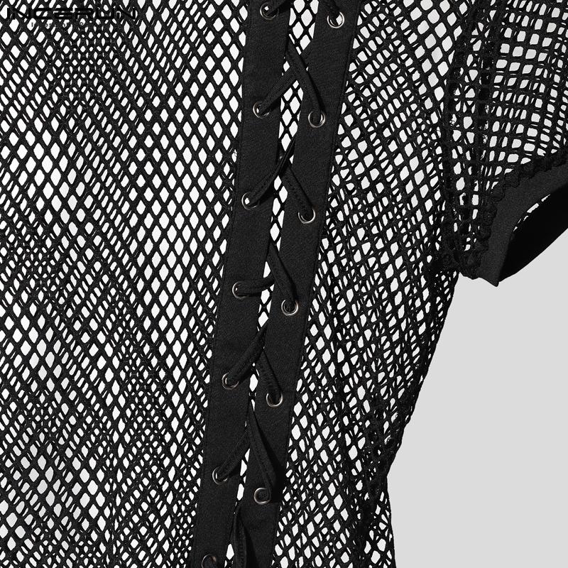 INCERUN Men O Neck Short Sleeve Side Bandage Mesh Sheer Fitted Cropped T-shirts