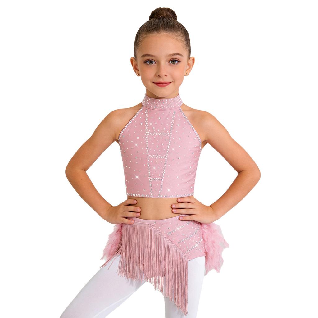 Trblietavý tanečný kostým s perami a strapcami pre deti, dievčatá: Crop top s halter krkom a prekríženým chrbtom a elastickou sukňou pre javiskové vystúpenie