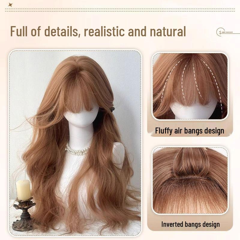 Champagne Color Long Curly Wig with Air Bangs - Korean Style for Women