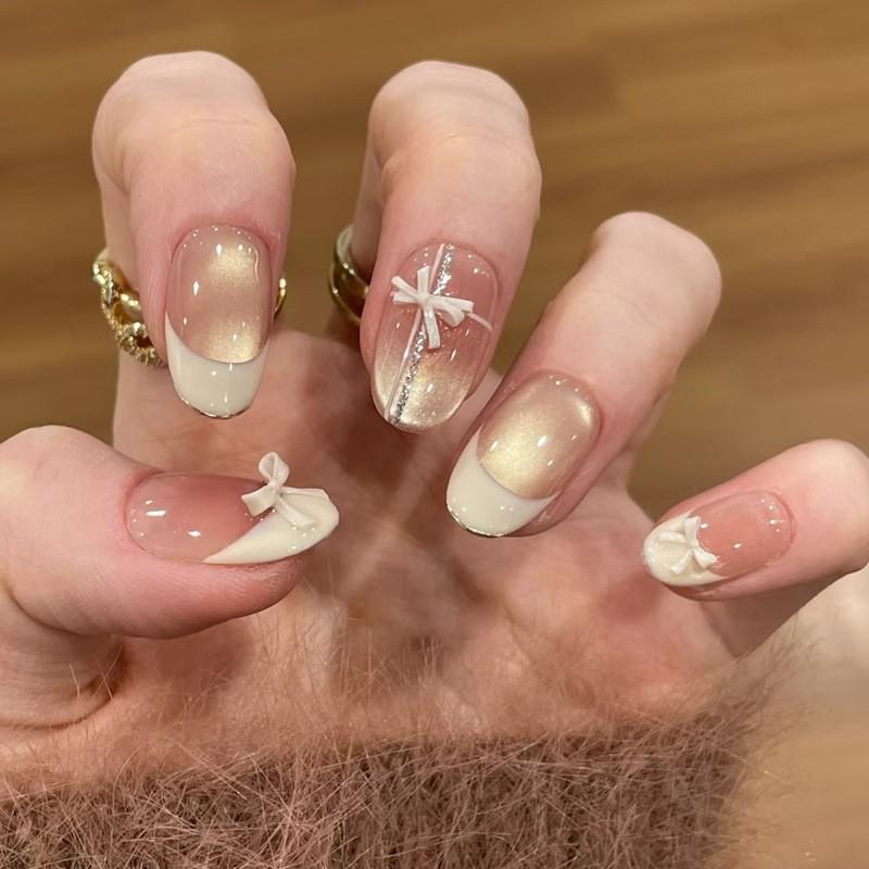 Ins Style Press On Nails Butterfly Pearl Handmade Fake Removable Women