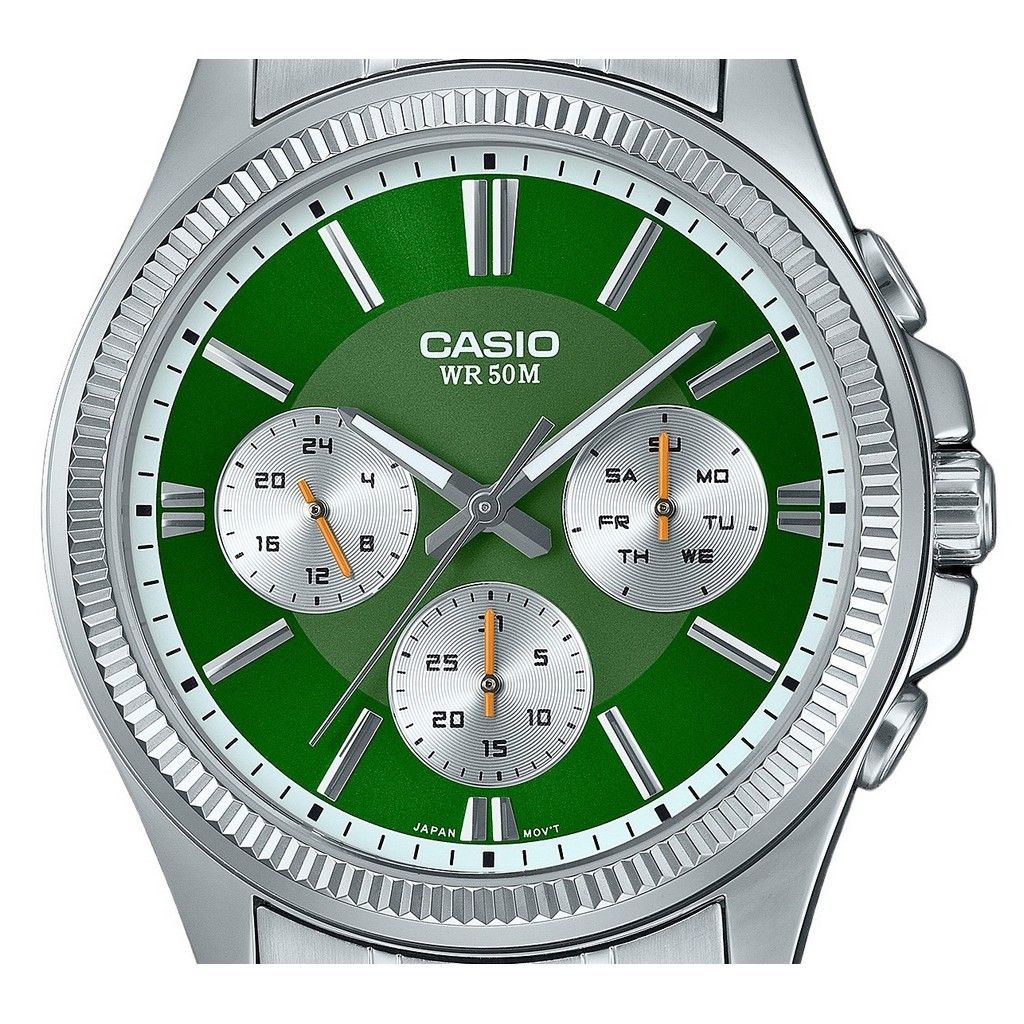 Casio Enticer Analoge Herrenuhr aus Edelstahl mit grünem Zifferblatt und Quarzwerk MTP-1375D-3