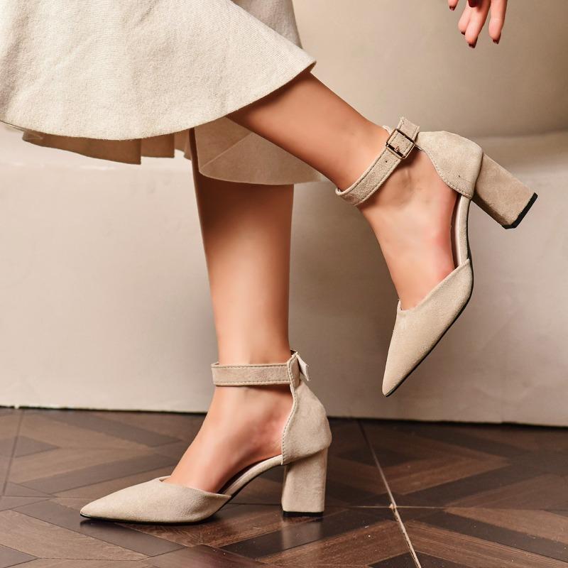 2025  New Pointed Toe Hollow Single Shoes Autumn New Suede One Strap Anti-Slip Wear-Resistant High Heels