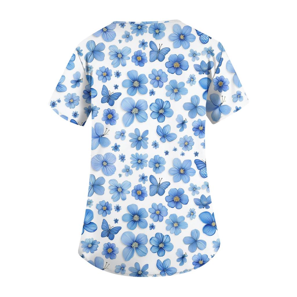 Women's Fashionable V-neck Workwear Printed Short Sleeved Pocket Side Slit Workwear Basic Pullover Top