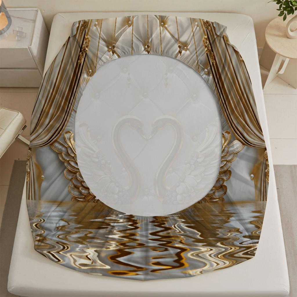 3pcs Gold Swan Couple Fitted Sheet 3D Printed Elegant Style For Couples Flat Sheet With 2 Pillowcases Bedroom Decoration