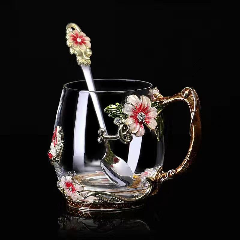 Household Enamel Colored Flower Glass Water Cup Round Coffee Cup Breakfast Milk Juice Cup