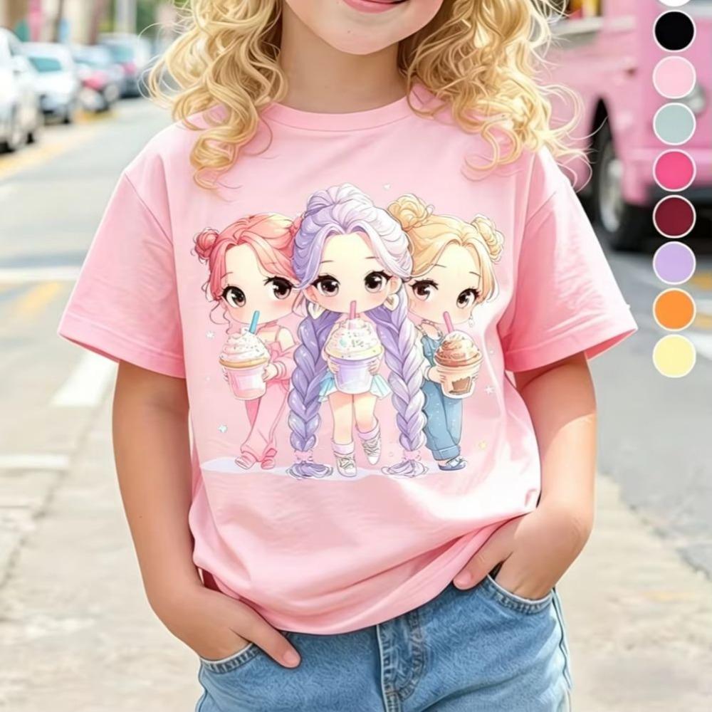 Children's Kpop Popular Cartoon Print T-Shirt Tops Clothing Design Casual Harajuku Style Round Neck Short Sleeve Girl Clothing
