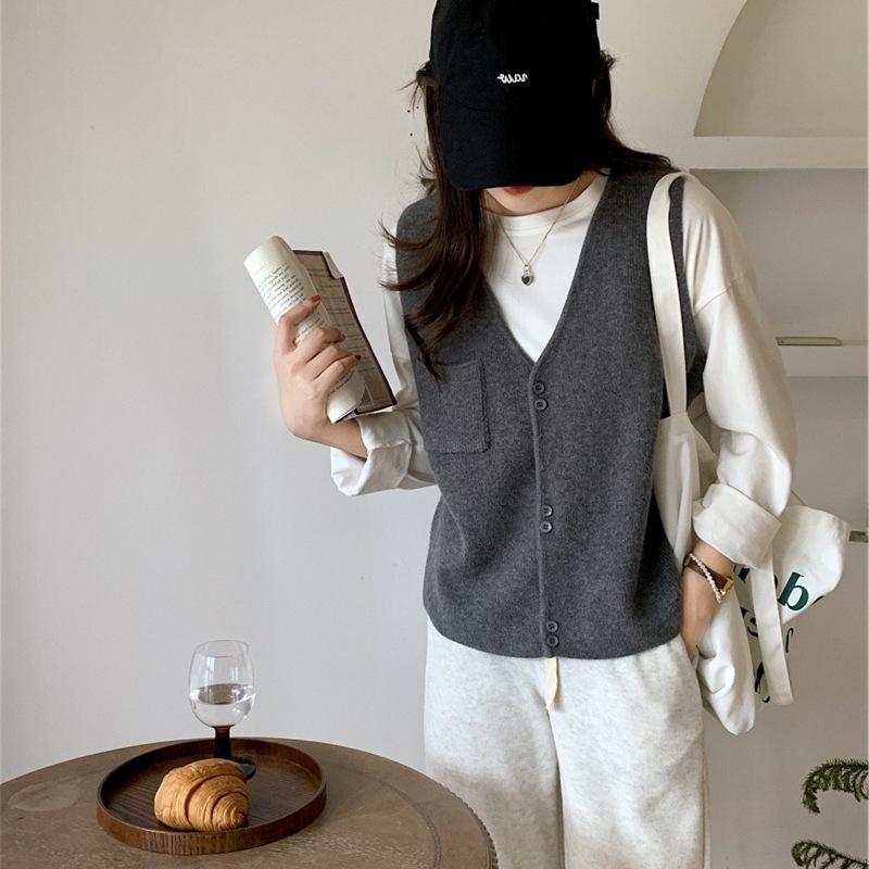 Korean Style Women's V - Neck Knit Vest with Pockets - In Stock, Loose and Lazy - Style Sleeveless Sweater Vest for Autumn and Winter
