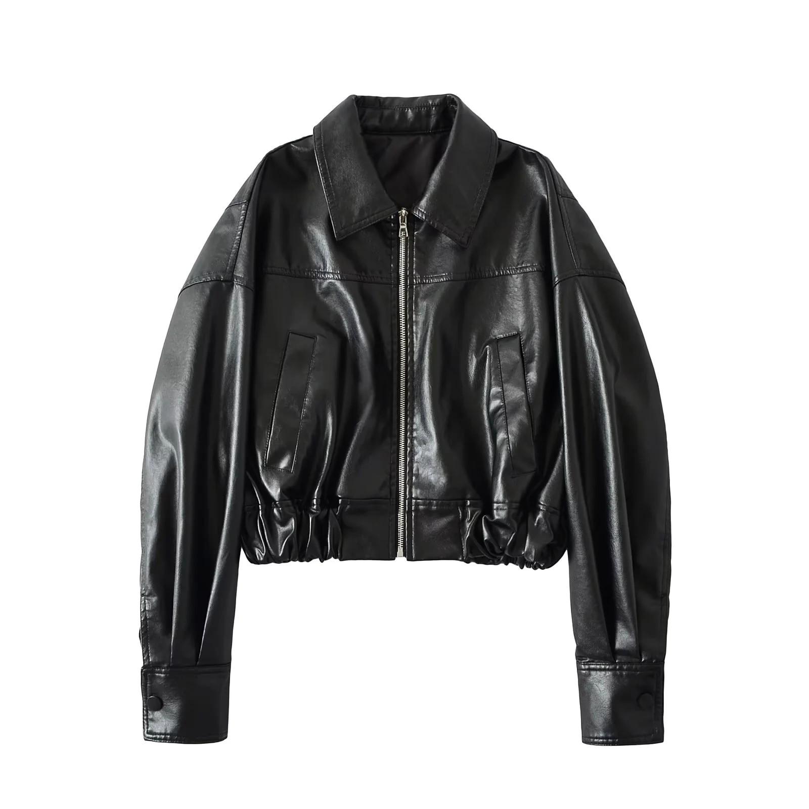 

Женская весенняя мотоциклетная куртка-бомбер из искусственной кожи ПУ 2025 года с отложным воротником Small чёрный