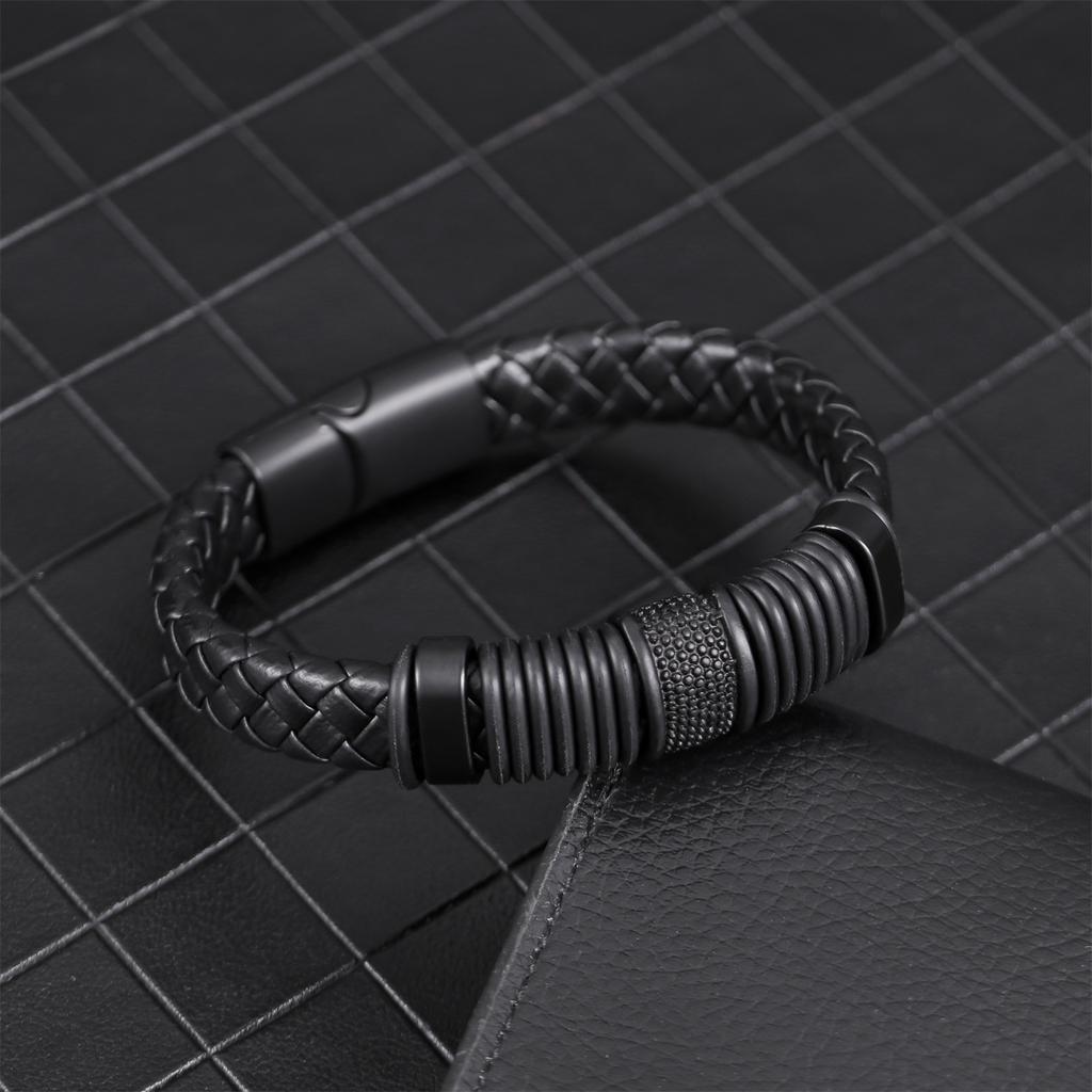 Double Layer Retro PU Leather Braided Bracelet for Men Punk Magnetic Clasp Cuff