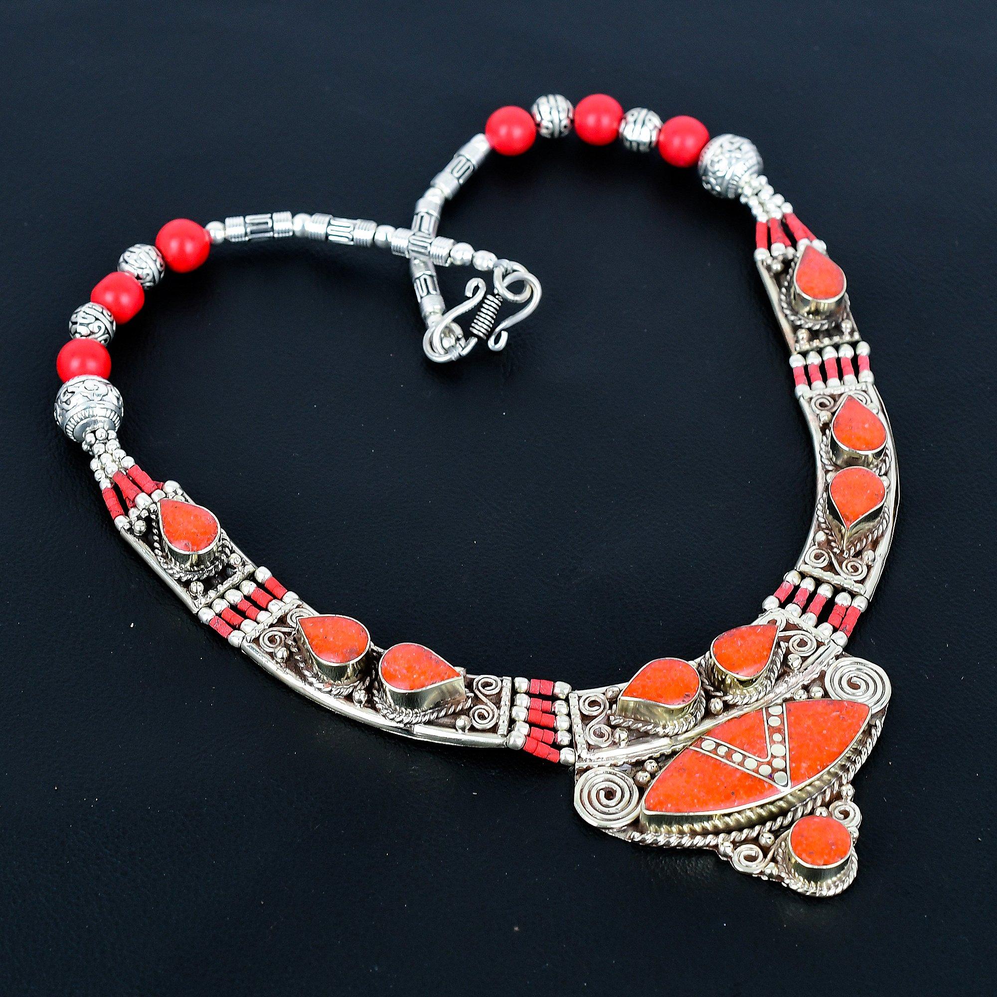 

Ожерелье из красного коралла из серебра 925 пробы, ожерелье из тибетского серебра, богемное антикварное ожерелье, украшения ручной работы, непальское ожерелье, подарок для жены 20 красный