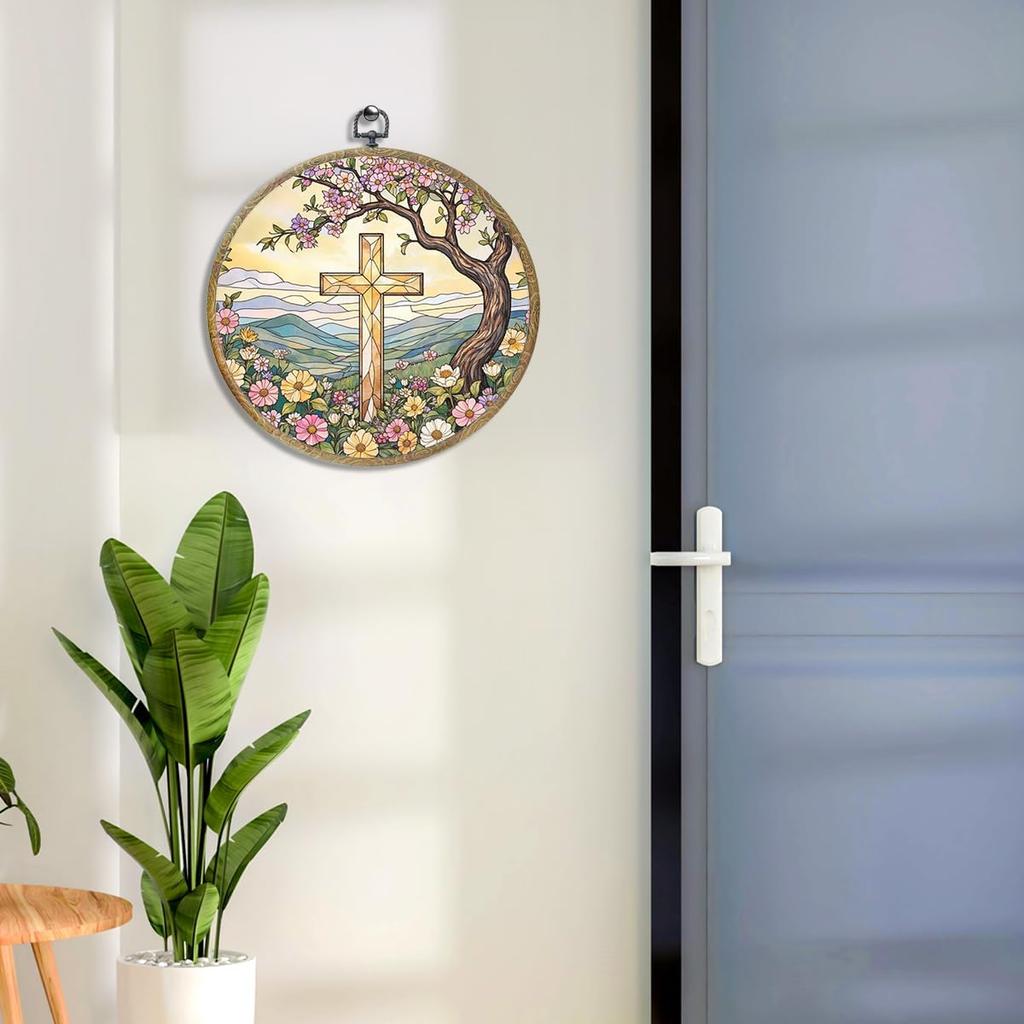 piratonal Wildflower Cross Faith Christian Gifts for Women Men Religious Gifts Framed Round Wall Decor Canvas Wall Art Hanging Prints Artwork for