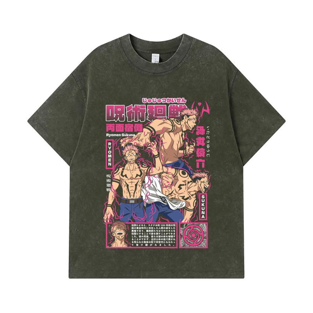 275 GSM Washed T-shirts 100% Cotton Jujutsu Kaisen V45 Sukuna Print Unisex Heavy Cotton T Shirt