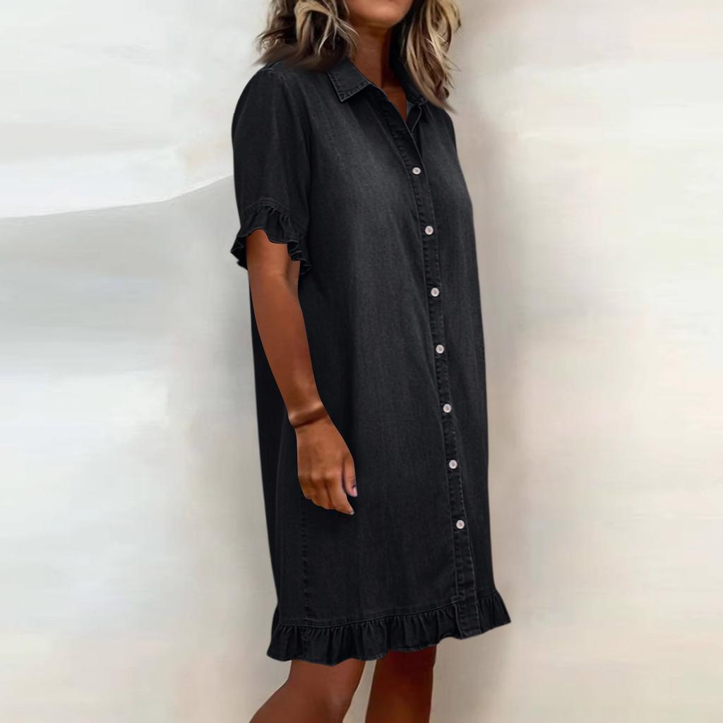 Casual Women Shirt Dress Button Down Ruffle Hem Short Sleeve Lightweight Loose Fit Summer Dress