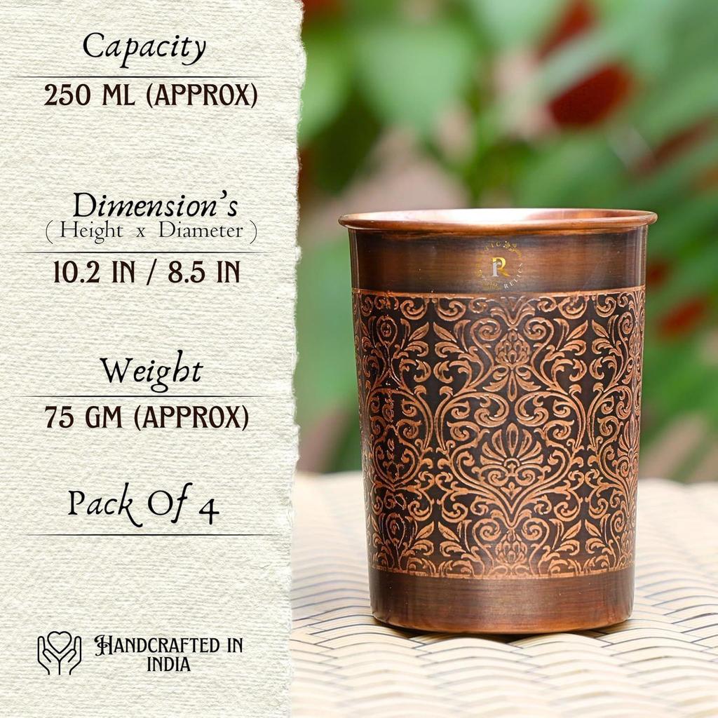 Pure Copper Handcrafted Glasses Set with Gift Box Set of 4 Antique Etching Design for Ayurveda Wellness | Elegant Ayurvedic Benefits - 250ml