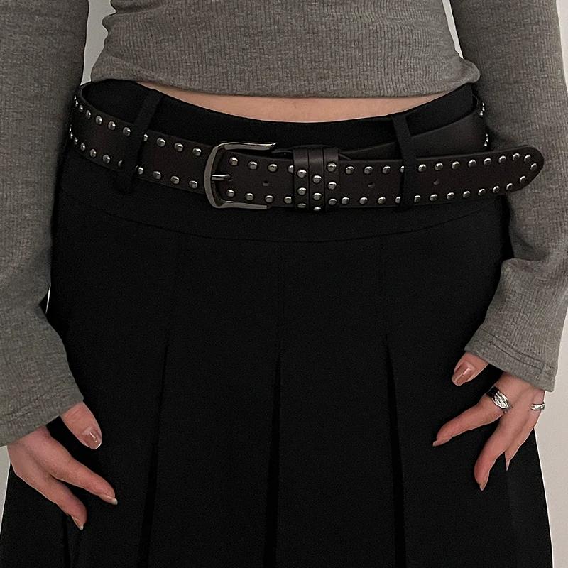 2026 New Women Belt Women's Jeans Tie-in Ladies' Belt Fashion Personality Rivet Belt Senior Black Fashion