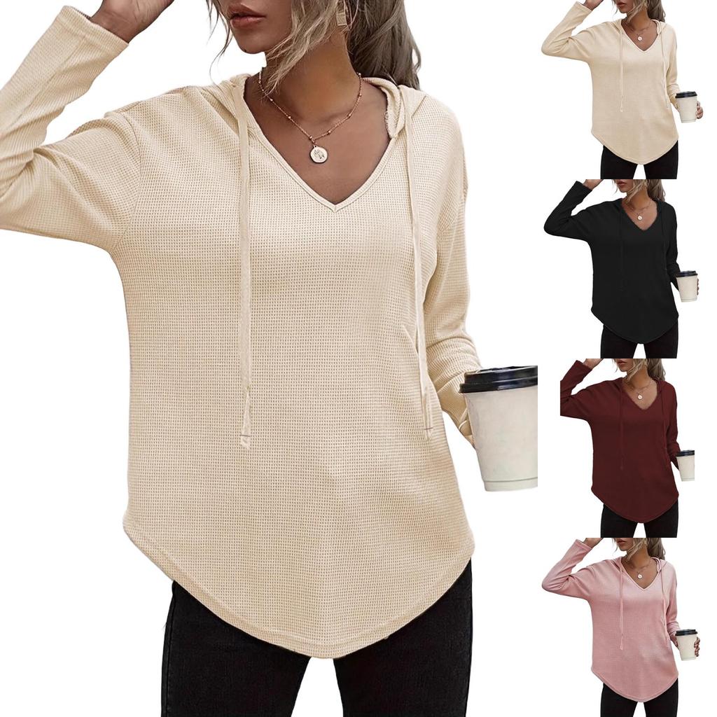 Women's V-Neck Long Sleeve Hoodie - Casual Pullover Sweatshirt for Daily Wear