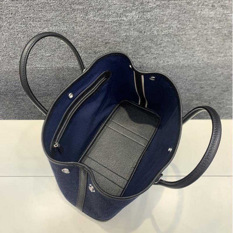 Saco de jardim lona de ganga azul bolsa de mão em couro de vaca bolsa tote para o trabalho bolsa grande entrega transfronteiriça