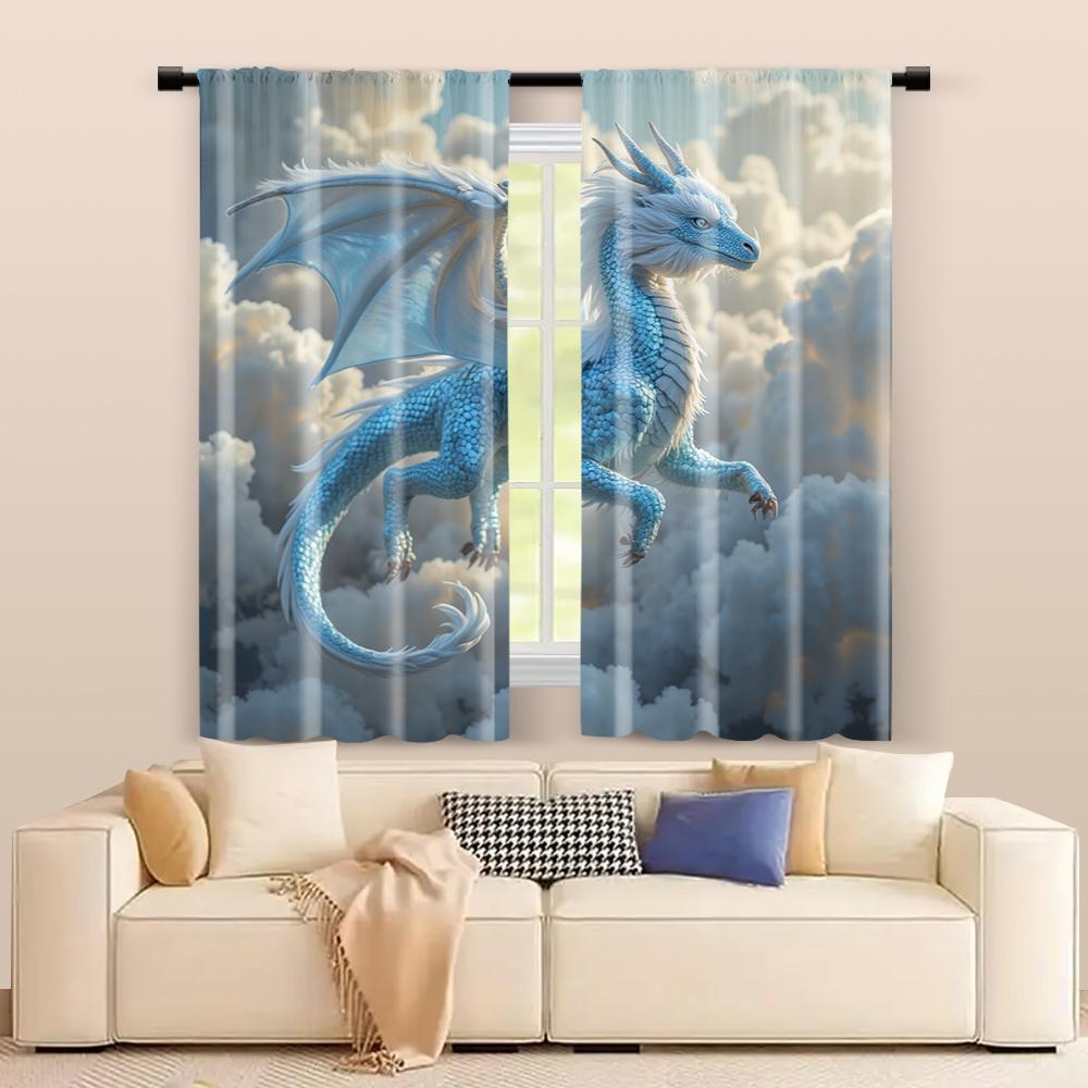 2 Pcs, Filtering Curtains (excluding Rods, Non-movable, Without Batteries) Blue Cloud Dragon (2) for Use In Bedrooms and Living