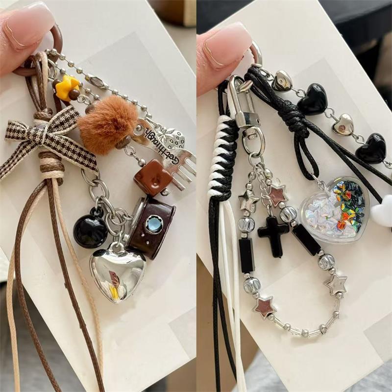 Cute Braided Rope Love Bow Bead Fluffy Ball Keychain Pendant Backpack Charm Phone Chain Bag Hanging Accessory Girl Keyring Gifts