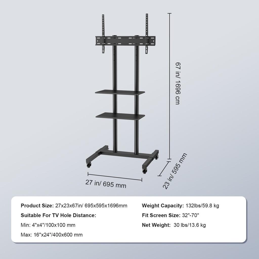 Mobile TV Stand, Mobile TV Cart for 32 to 70 inch TVs, Height Adjustable Portable TV Stand with Wheels, Double Tray for Audio-Visual Devices, Rolling
