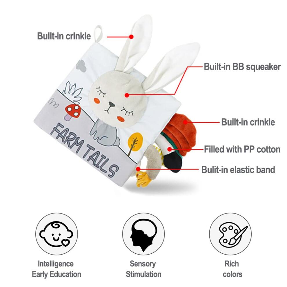 Baby Sensory Book with 3D Touch and Feel,  Contrast Crinkle Cloth Book Stroller Toy Rabbit