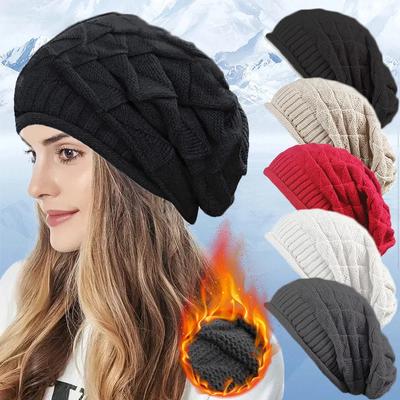 Vinterstrikket lue for kvinner baggy slapp ensfarget ullcaps mote utendørs varm lue hetter kvinnelig snøski varmer gorra