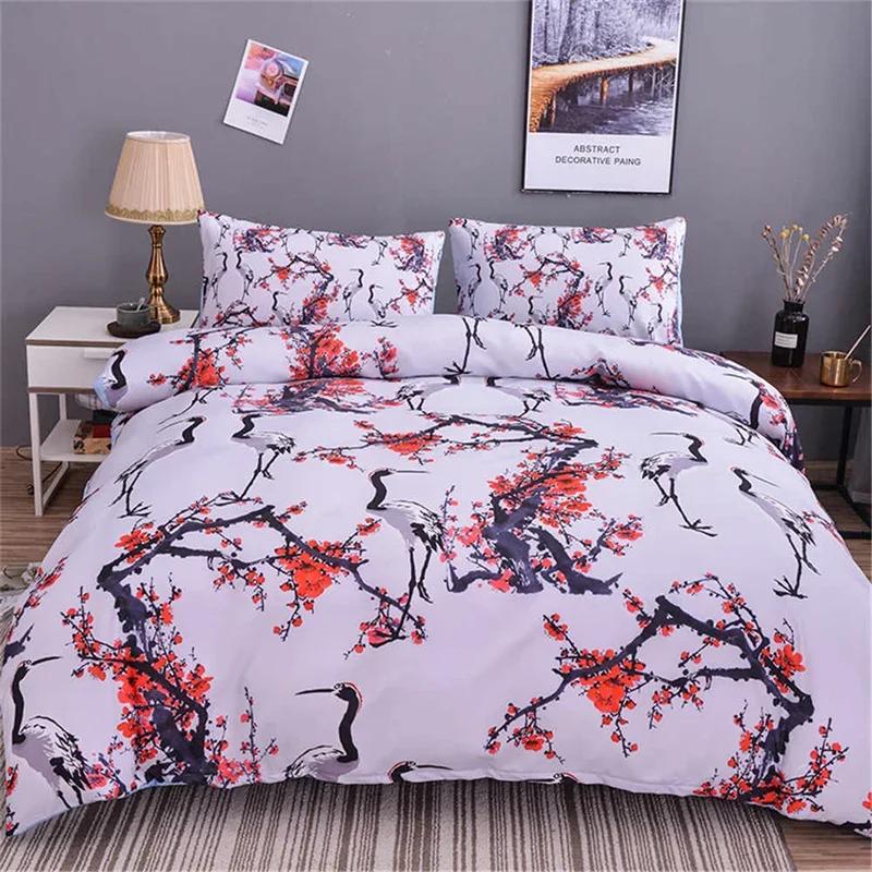 Plum Blossom Red Flower Floral Comfortable Duvet Quilt Cover Pillowcase Bedding Set Children Bedroom Decoration Home Textile
