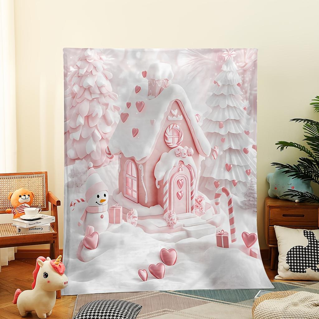 Pink Gingerbread House Blanket - Christmas Throw, Super Soft Flannel Fleece with Snowman Design, Cozy Xmas Gift & Decor