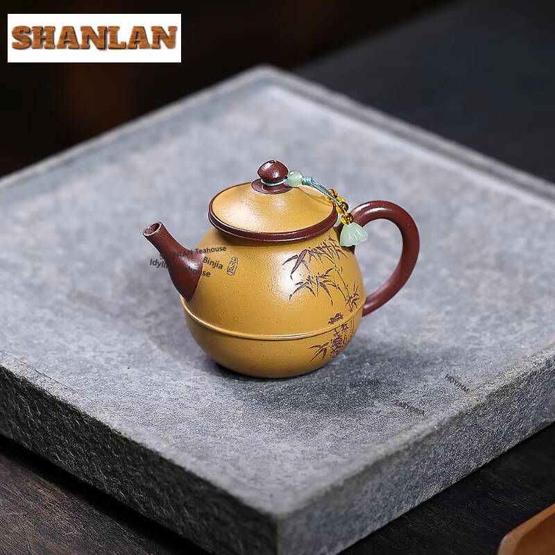 130ml Authentic Yixing Purple Clay Teapots Handmade Bamboo Hat Pot Raw Ore Section Mud Tea Maker Kettle Chinese Zisha Tea Set