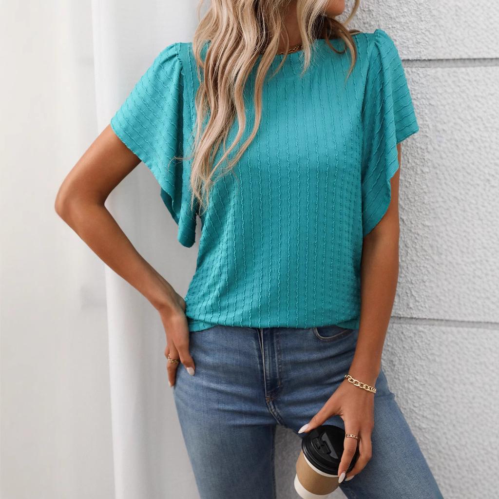Summer Solid Color Round Neck Ruffle Sleeves Short Sleeved T-shirt Top