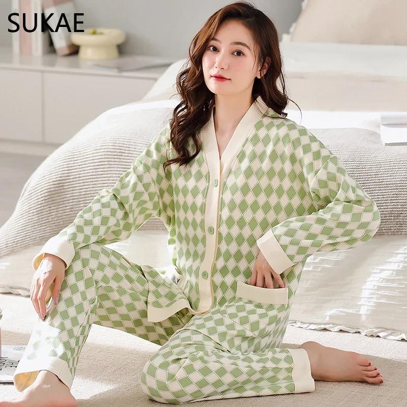 SUKAE New M-5XL Autumn Winter New Cotton Women Pajamas Lady Pijamas Set Loungewear Kimono Cardigan Long Sleeves V-neck Homesuit