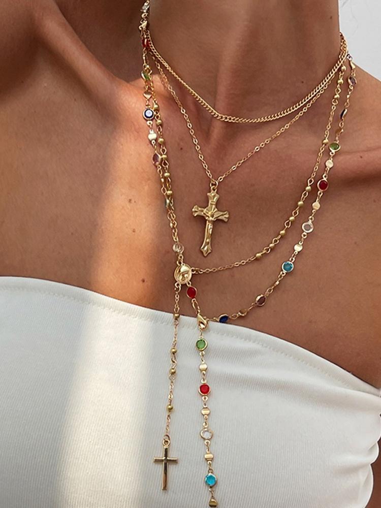 Trendy Jesus Cross Pendant Choker Necklace for Women Colorful Crystal Chain Christian Jewelry Gift Hip Hop Style