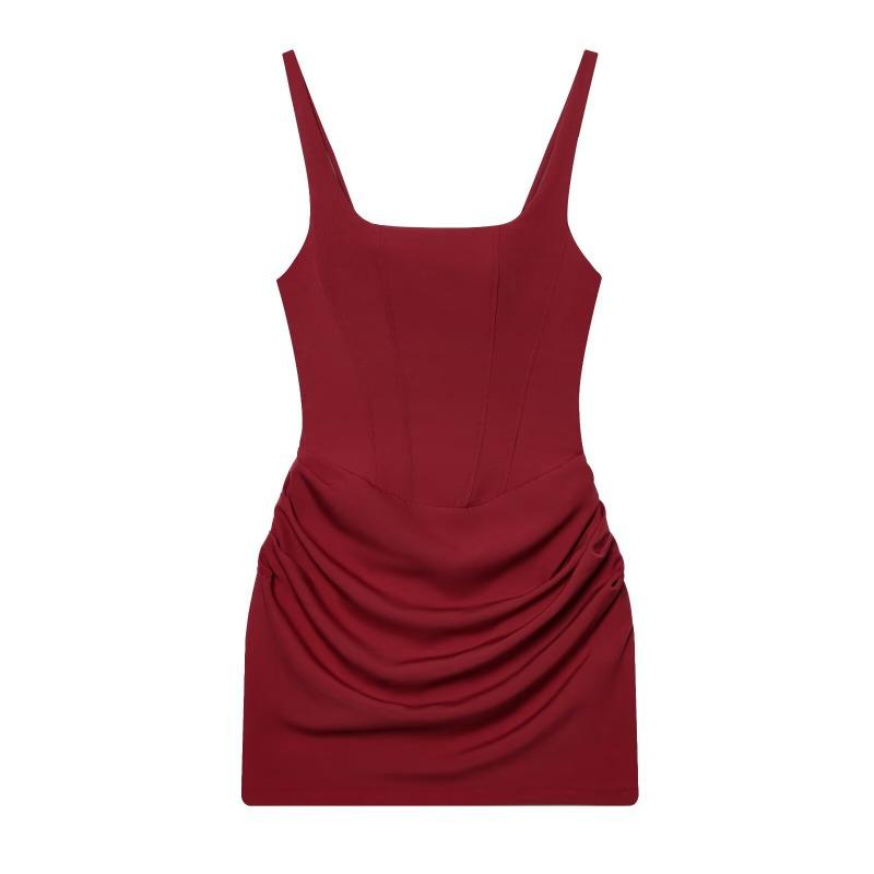 New Women's Clothing French Sexy Wind Square Neck Sleeveless Hip Wrap Strap Waist Short Midi Vest Dress