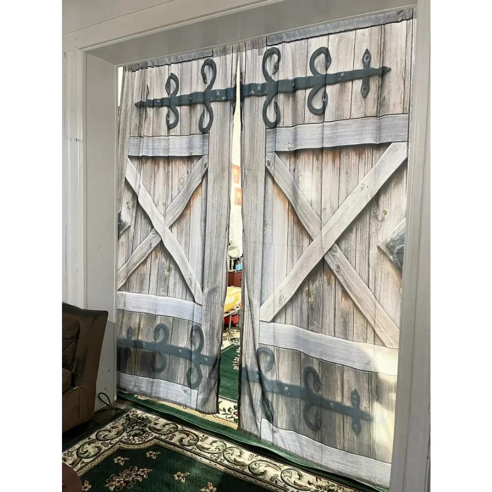 2pcs Retro Simulation Wooden Door Polyester Printed Curtain Grommet Top Window Treatment For Bedroom Office Kitchen Living Room