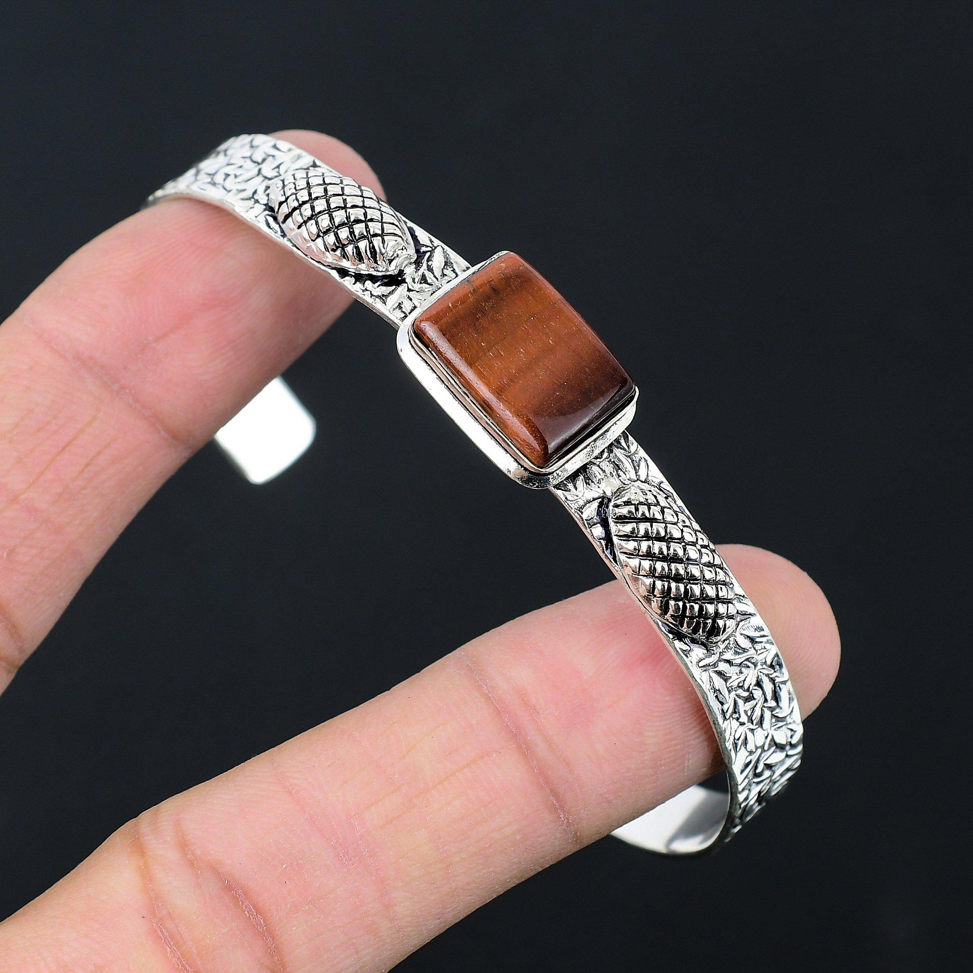 

925 Sterling Silver Radiant Tiger Eye Gemstone Daughter Elegant Bangle Bracelet Adjustable