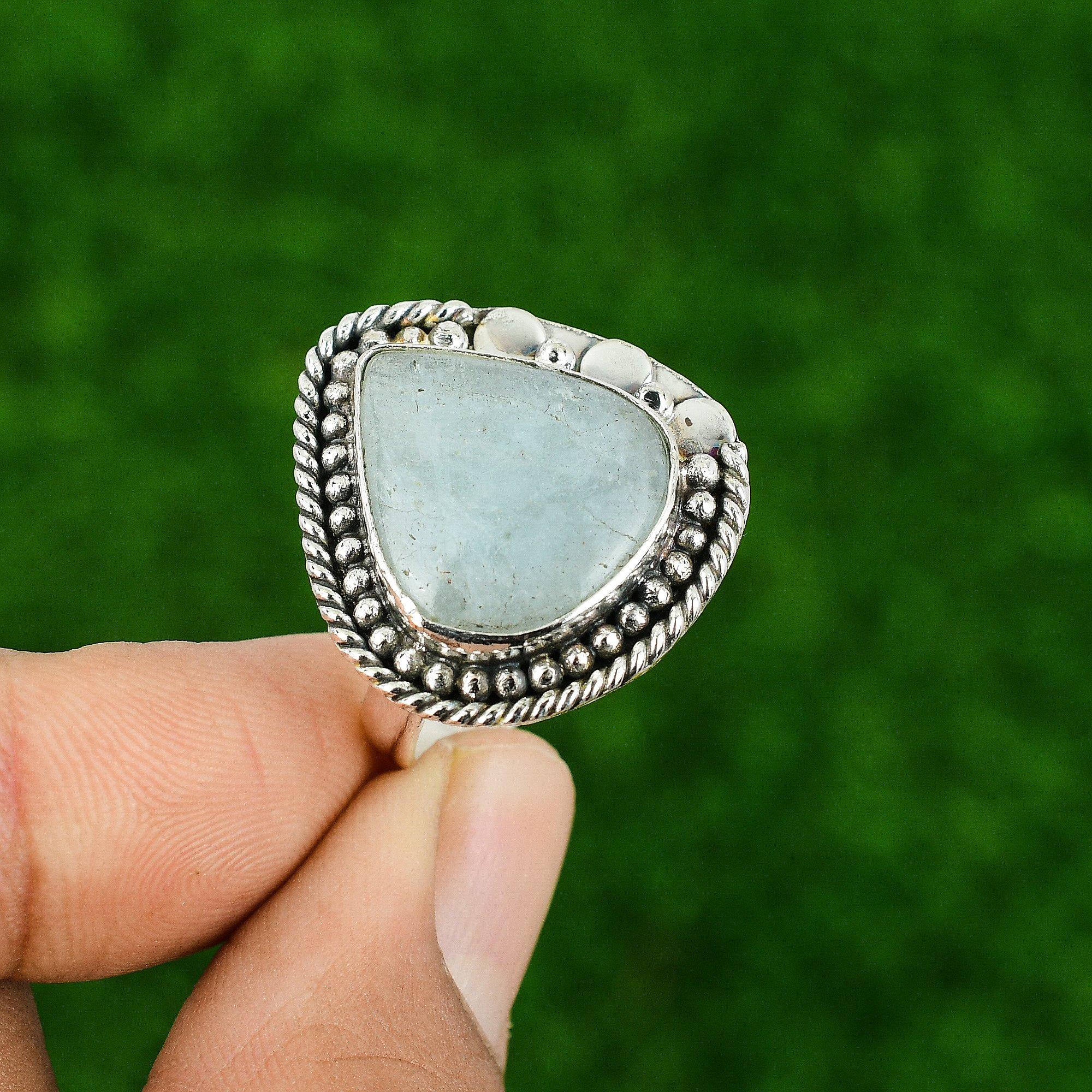 

Sterling Silver Aquamarine Stone Birthday Engagement Statement Wife Ring Jewelry Adjustable