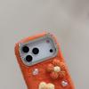 For iPhone 17 Pro Case Rhinestone Frame Plush Flower Pearl Heart TPU PC Phone Cover with Floral Strap