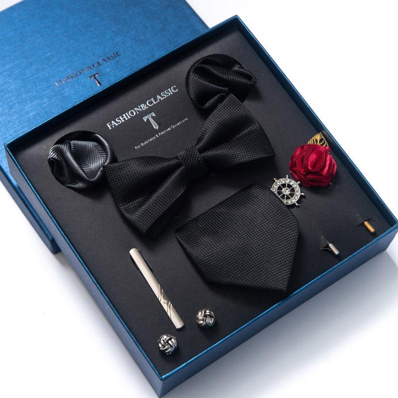 Men's 8-Piece Formal Accessory Set: Bow Tie, Corsage, Brooch, Cufflinks for Weddings.
