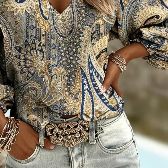 Printed Retro Western Style Shirt | V-neck Women's Vintage Floral Print Long-sleeved Top, Bohemian Style Lantern Sleeve Design