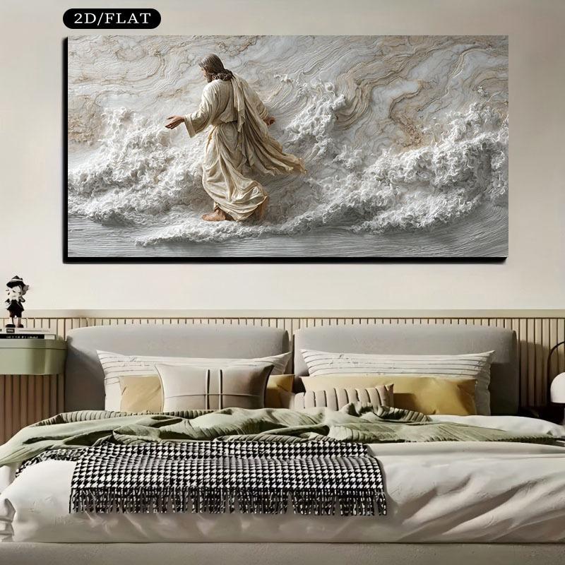 Christus geht auf dem Wasser - Leinwandbild, rahmenlose Wanddekoration, geeignet für Wohnzimmer, Schlafzimmer, Kirchenveranstaltungen - Spirituelle Wandkunst, Geschenk